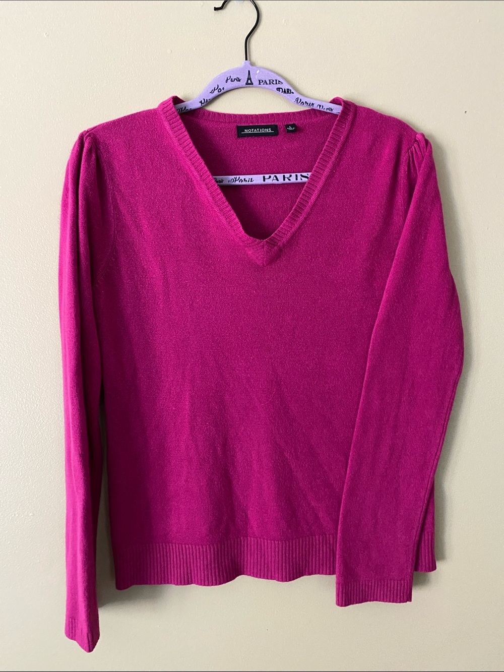 Notations Fuchsia V-Neck Sweater with Puff Shoulders
